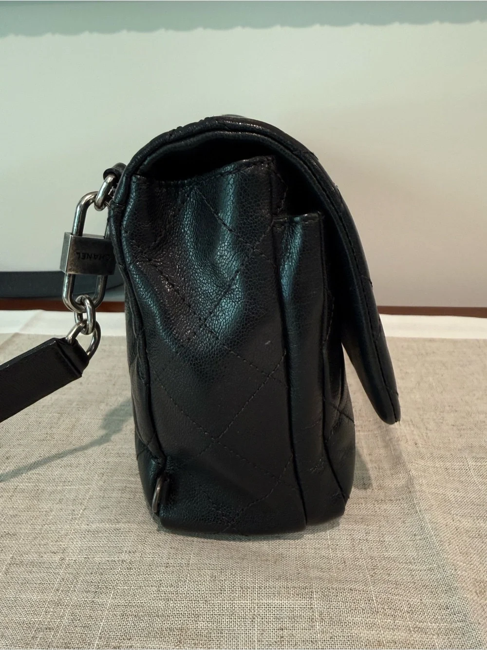Chanel Black Quilted Goatskin Leather Shoulder Bag with Silver CC Turn-Lock